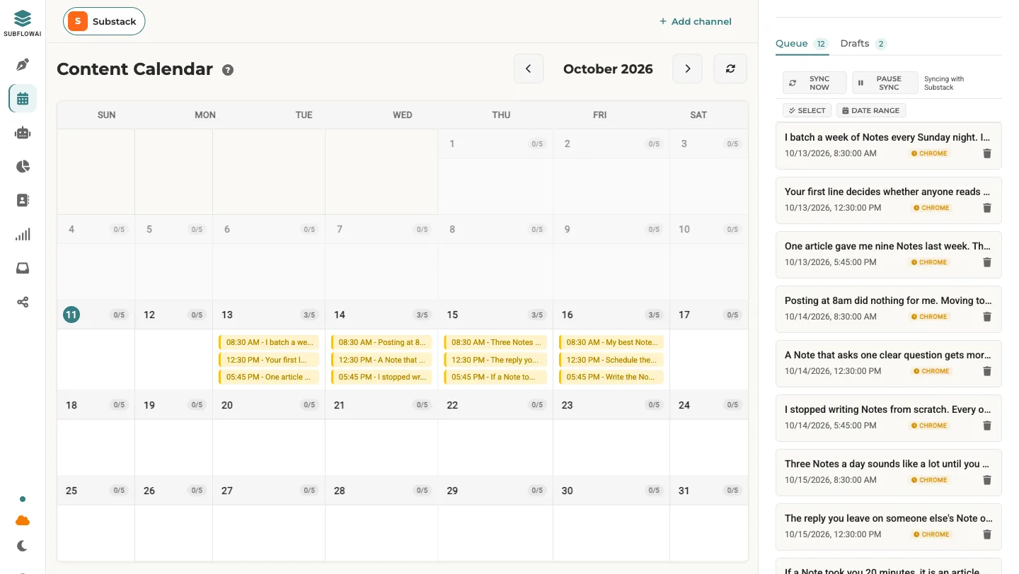 SubflowAI Dashboard - Schedule Substack Notes