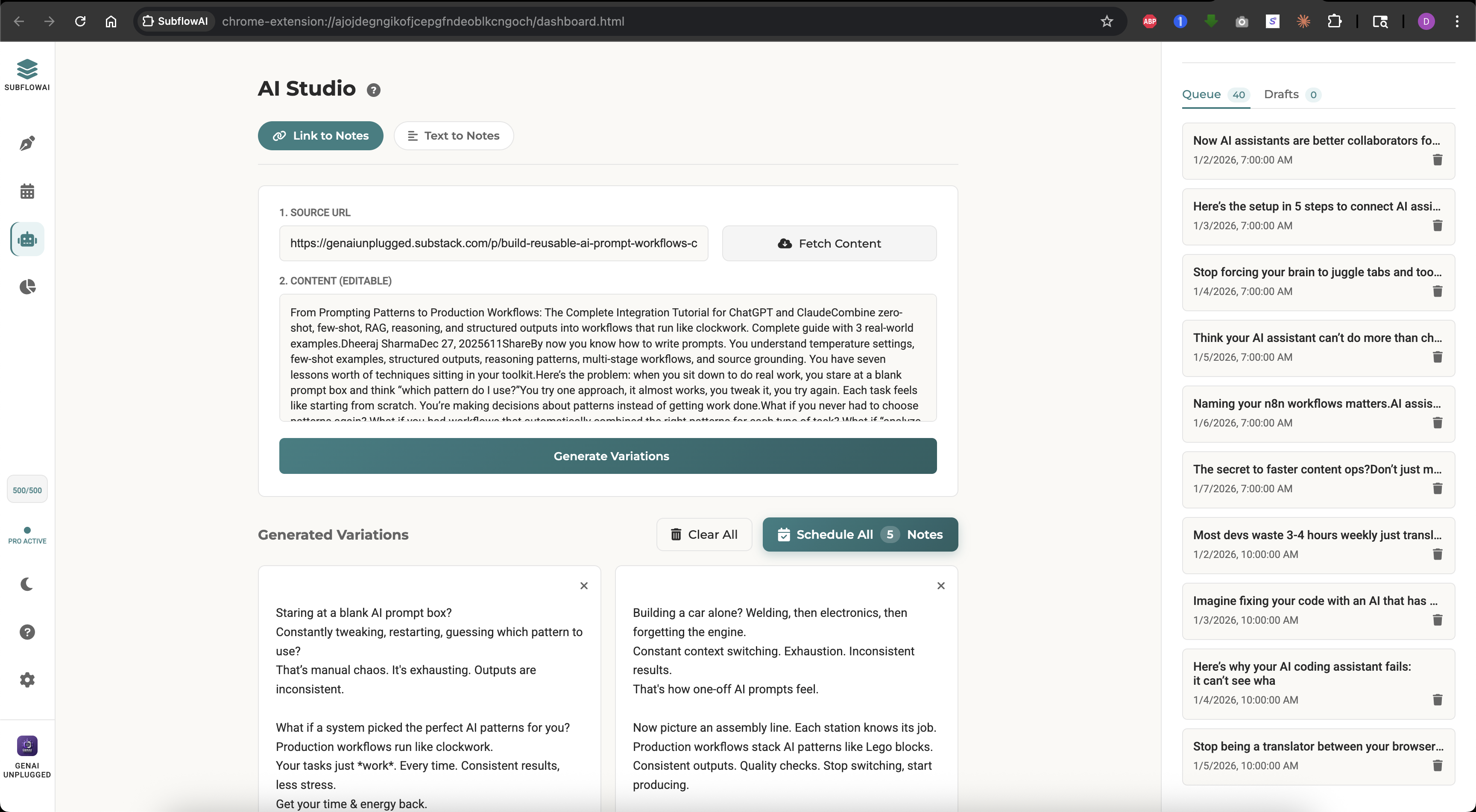 SubflowAI AI Studio with fetched article content and generated Note variations
