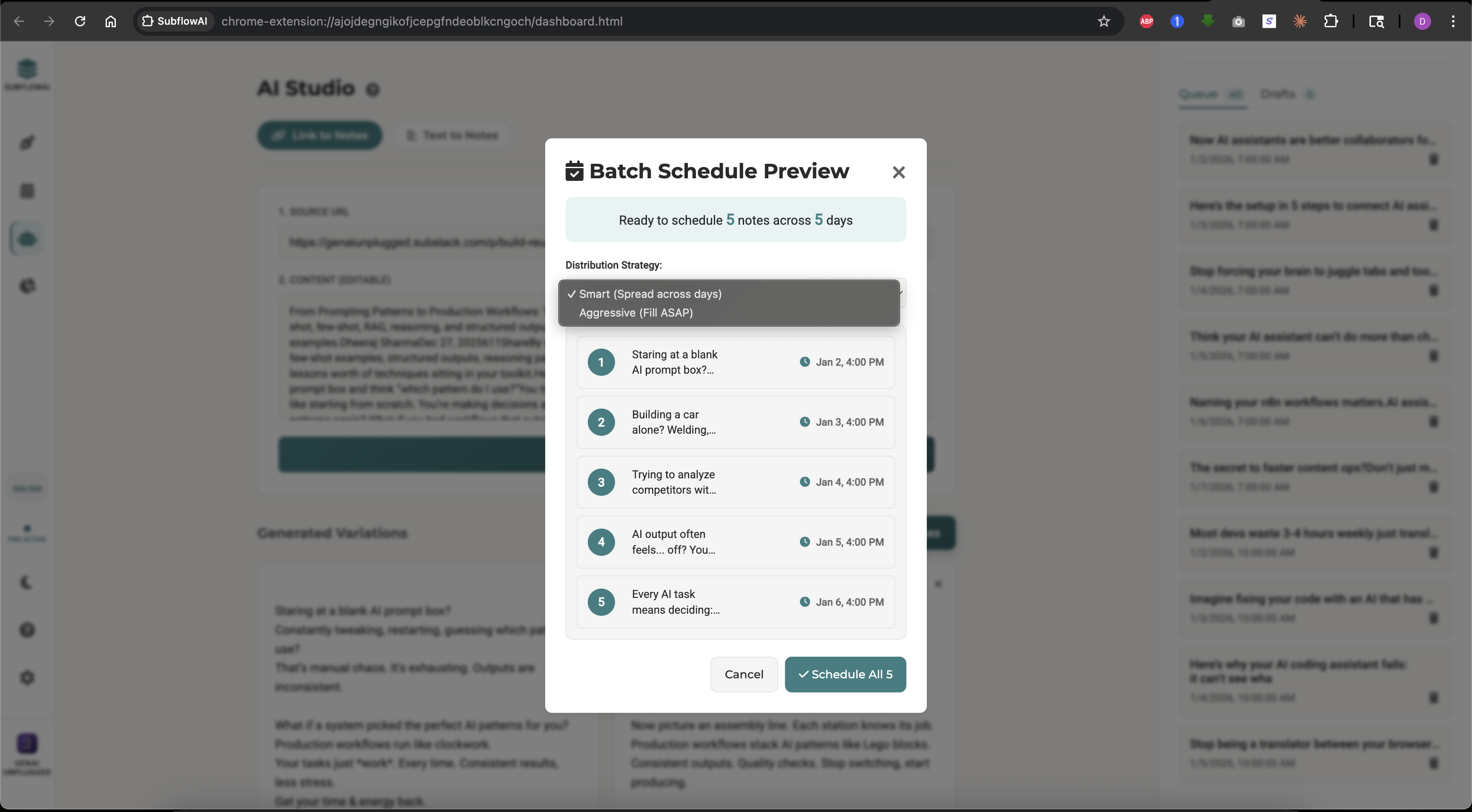 SubflowAI Batch Schedule Preview — choose Smart or Aggressive distribution strategy for 5 notes across 5 days