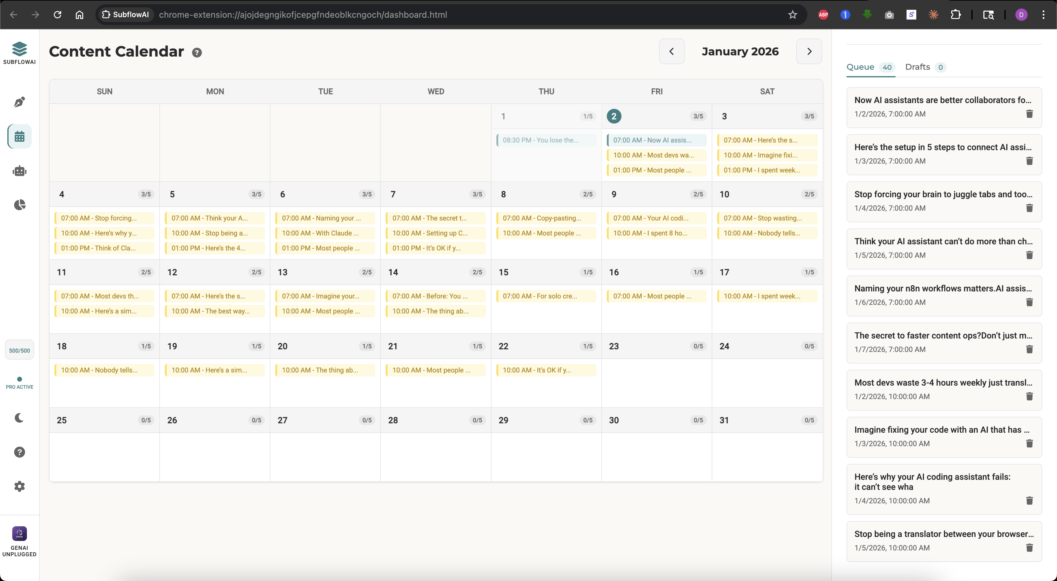 SubflowAI Content Calendar — monthly grid view showing scheduled and published Substack Notes across January 2026