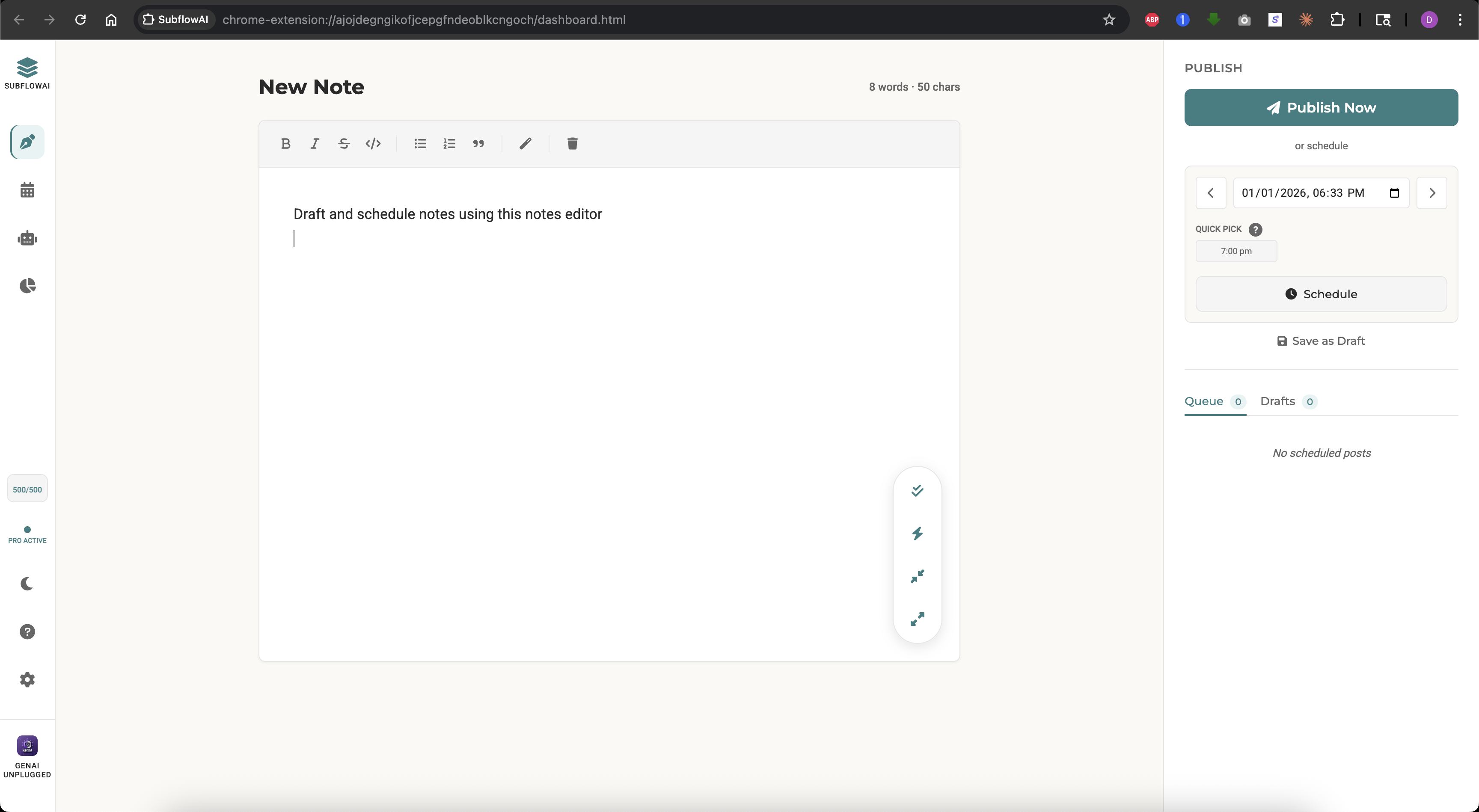 SubflowAI rich text editor with formatting toolbar, character count, scheduling panel, and AI refine buttons