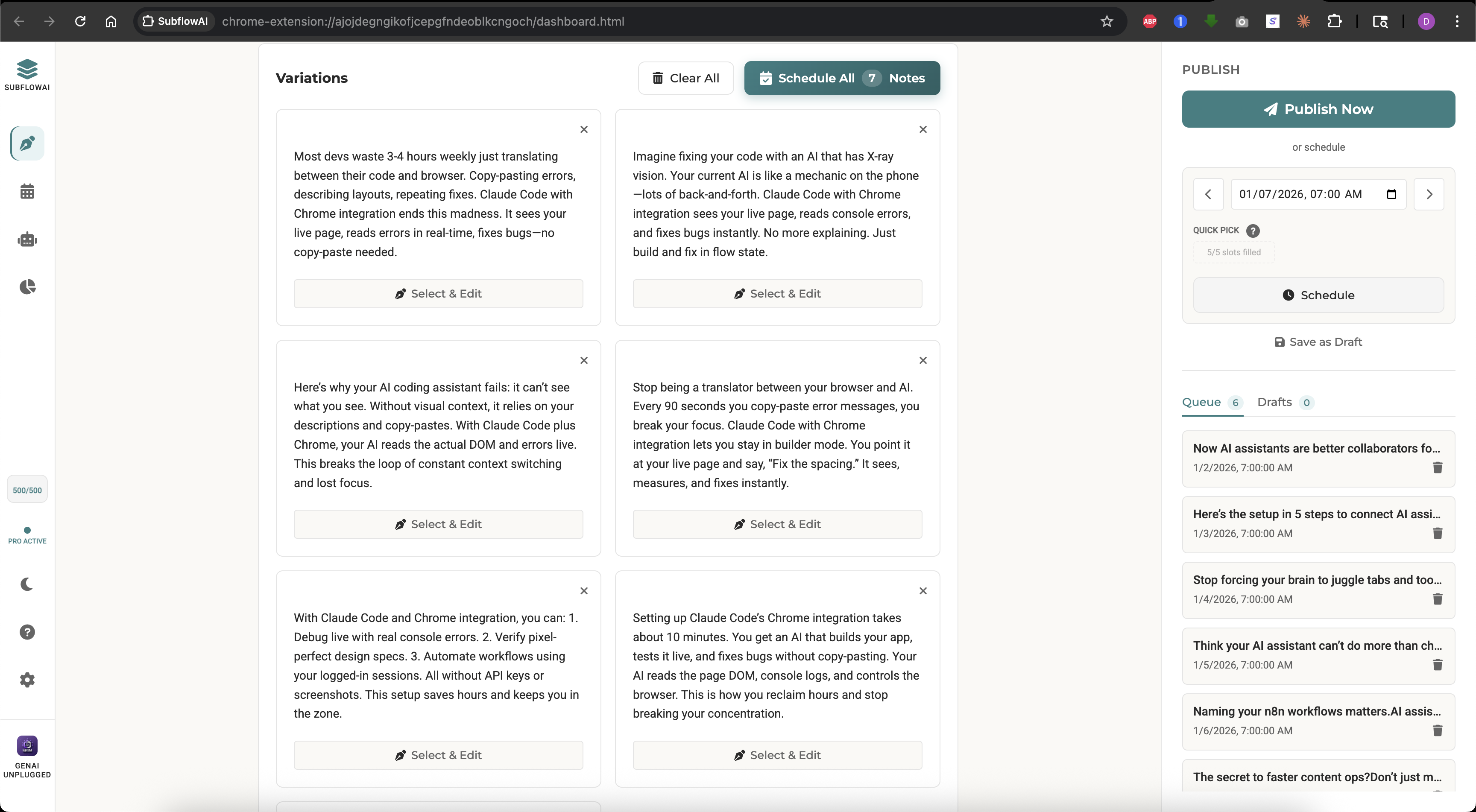 SubflowAI generated variations with Schedule All and Select & Edit options